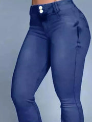 Navy blue cotton spandex jeans with double button closure and high waist.