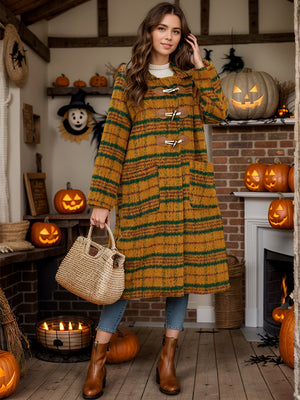 Tartan toggle hooded coat in mustard with green stripes, featuring wooden toggles and large front pockets.