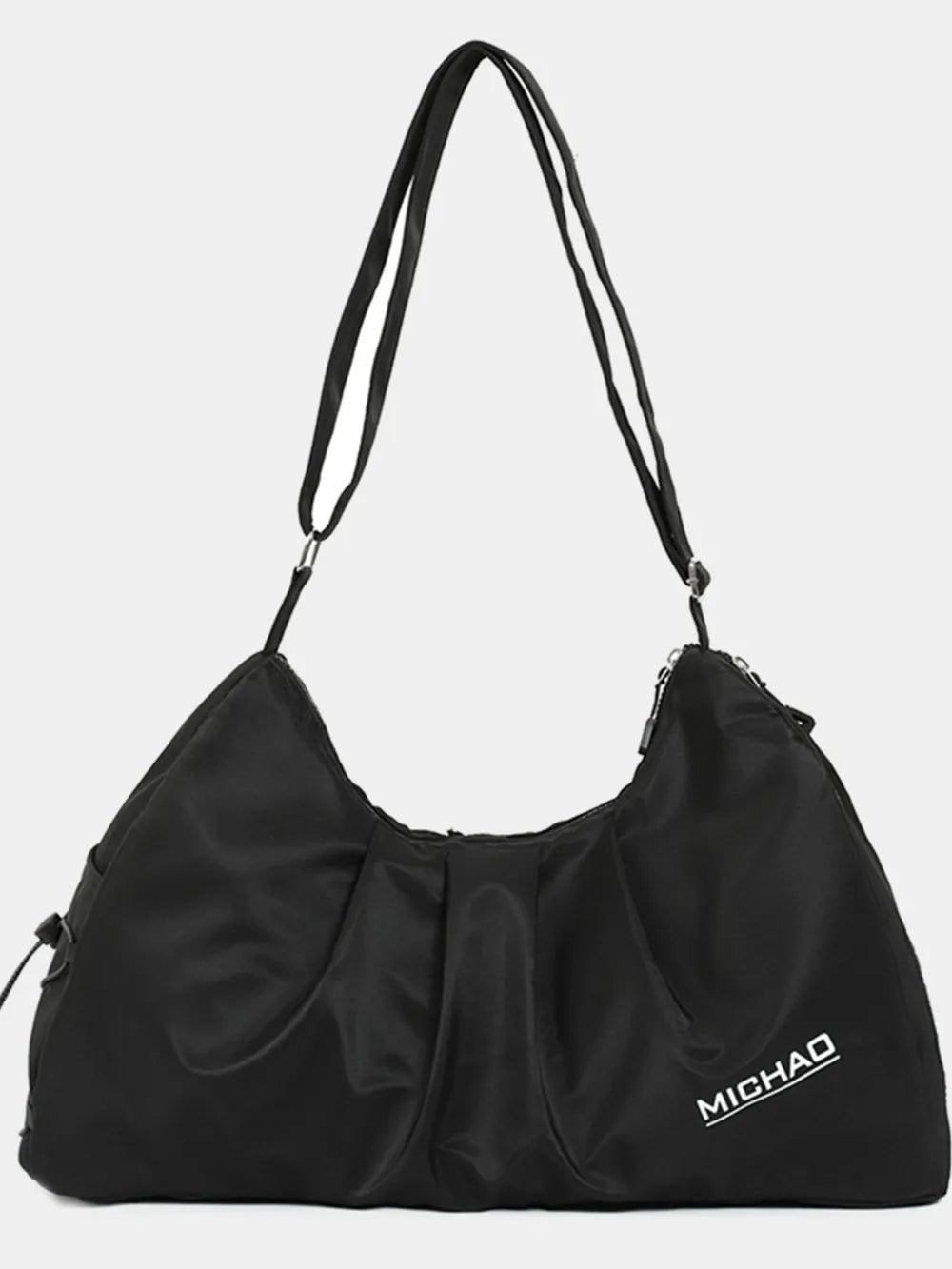 Black gathered pleat crossbody bag with adjustable strap and logo detail.