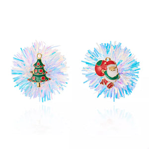 Festive tinsel ball earrings with Christmas tree and Santa charms, 18k gold.