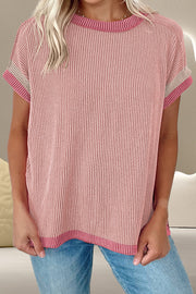 Ribbed tee in Dusty Pink with contrast trim and short sleeves.