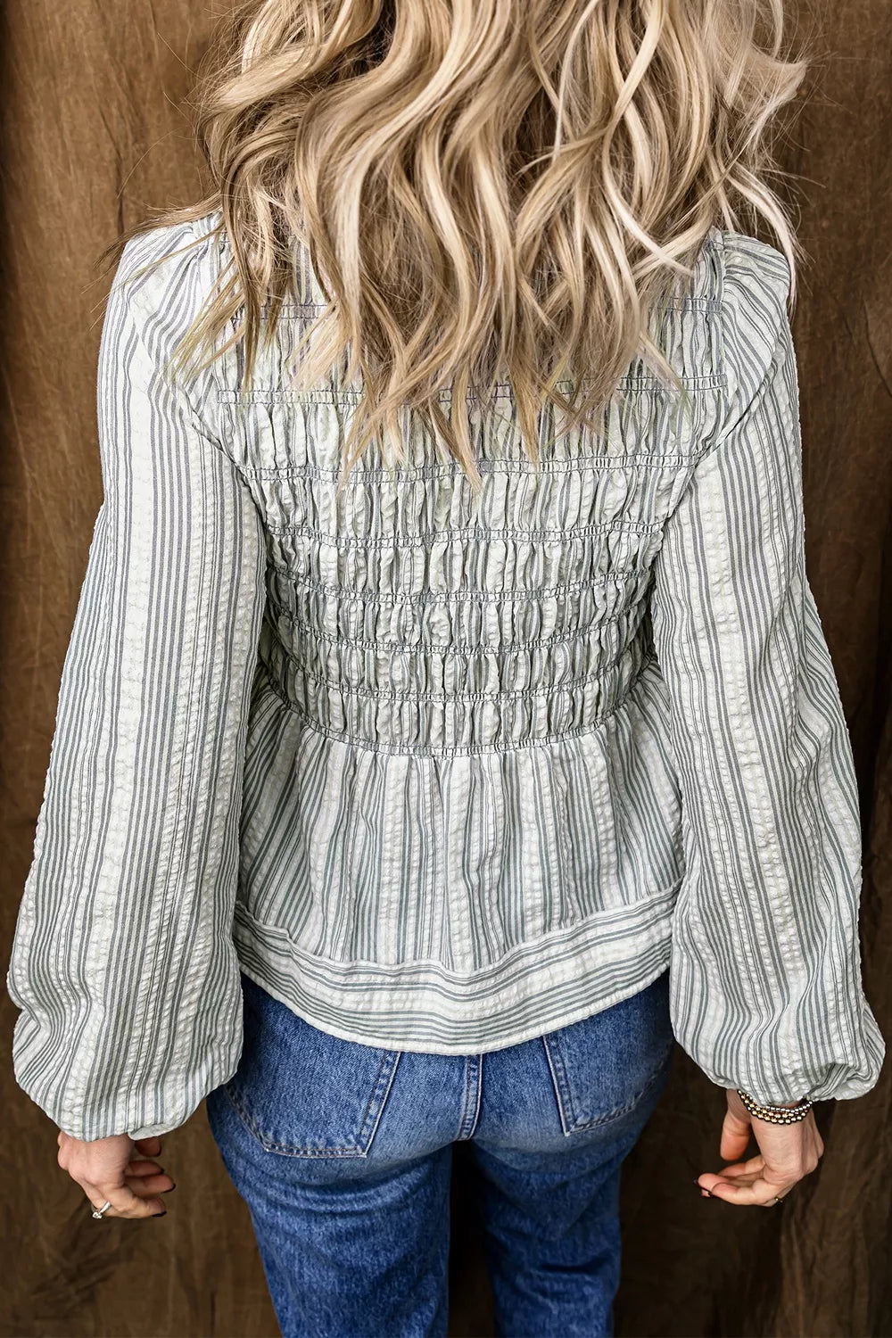 Stripe V Neck Shirred Long Sleeve Blouse in Light Blue, back view
