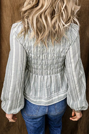 Stripe V Neck Shirred Long Sleeve Blouse in Light Blue, back view