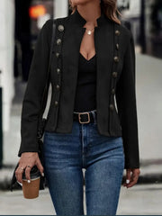 Black suede military-inspired jacket with double-breasted button details