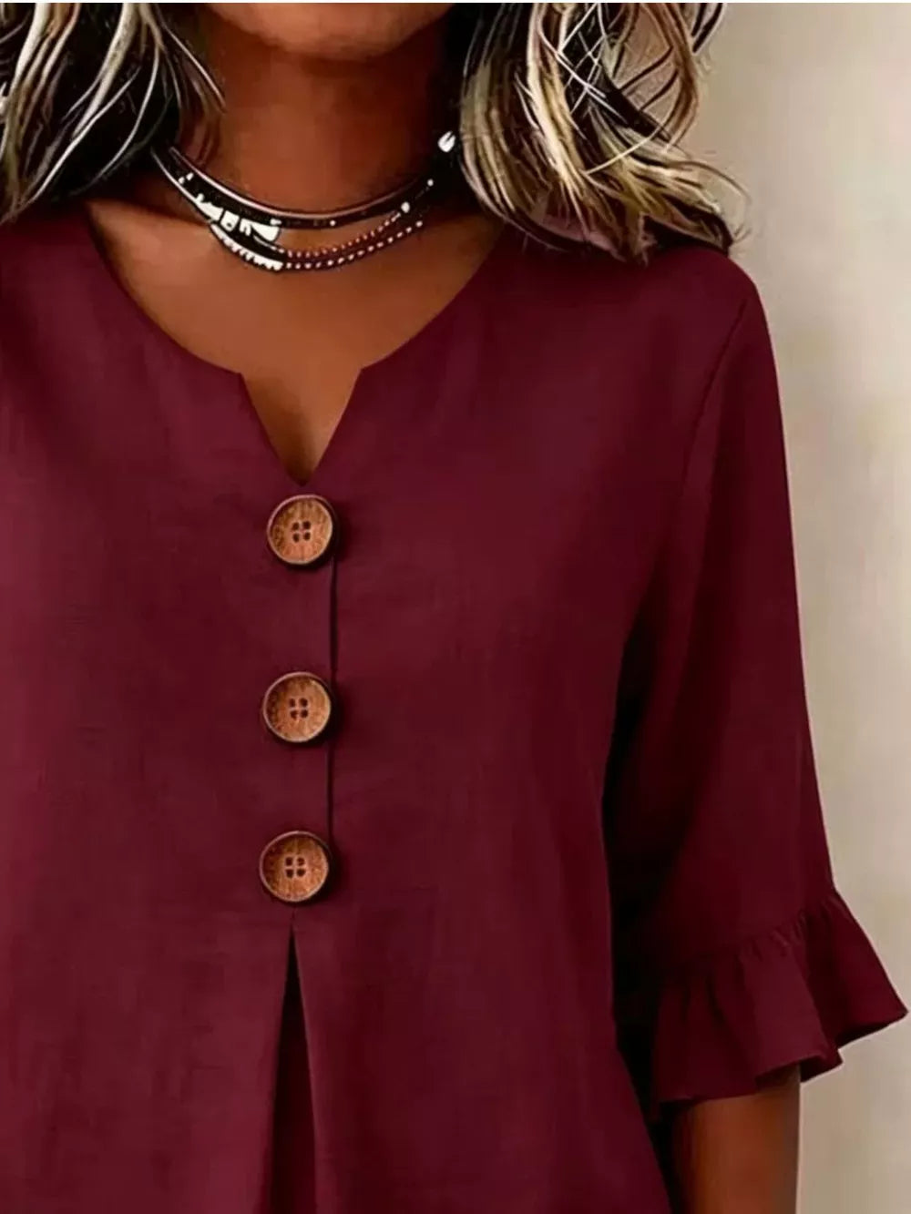Casual Ruffle-sleeve Decor-button Top Plus Size in Burgundy, fabric detail