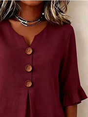 Casual Ruffle-sleeve Decor-button Top Plus Size in Burgundy, fabric detail
