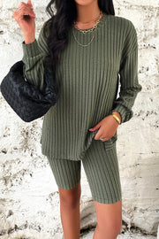 Matcha green ribbed knit loungewear set with long sleeve top and bike shorts.