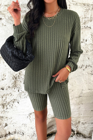 Matcha green ribbed knit loungewear set with long sleeve top and bike shorts.