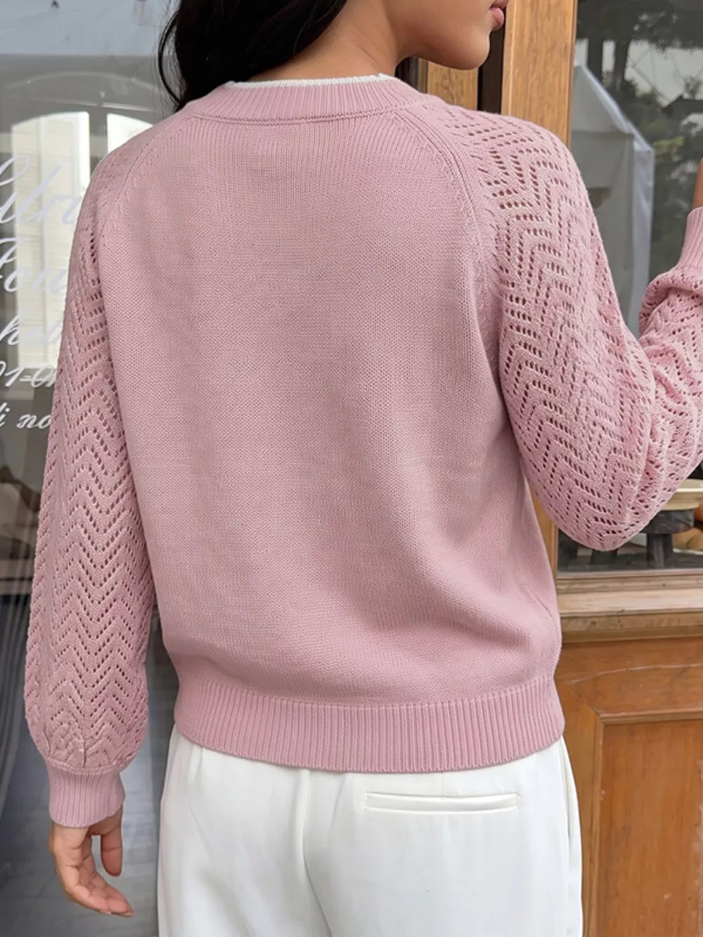 V-neck Openwork Long Sleeve Sweater, fabric detail