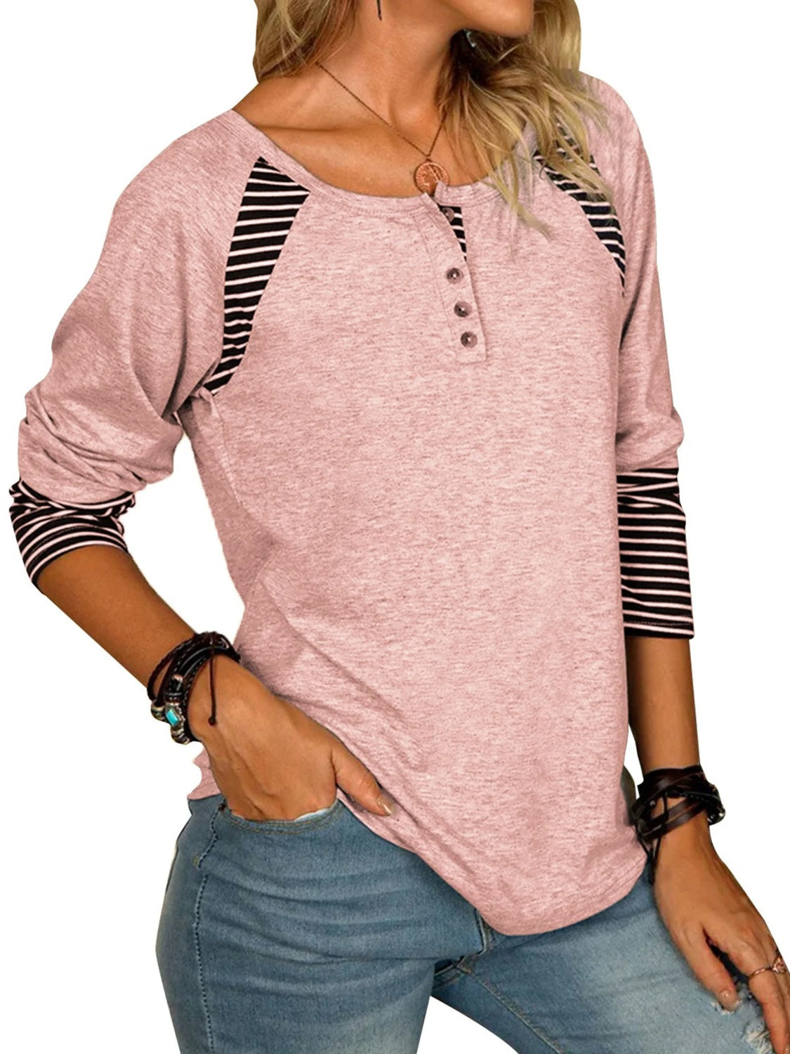 Raglan stripe henley tee in dusty pink with black striped sleeves and button detail