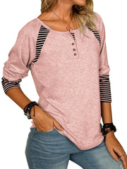Raglan stripe henley tee in dusty pink with black striped sleeves and button detail