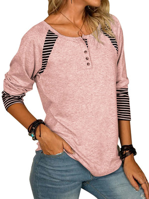 Raglan stripe henley tee in dusty pink with black striped sleeves and button detail