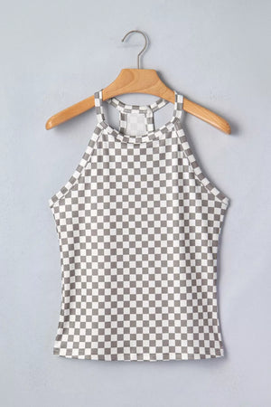 Textured checkered halter tank top with racerback detail.
