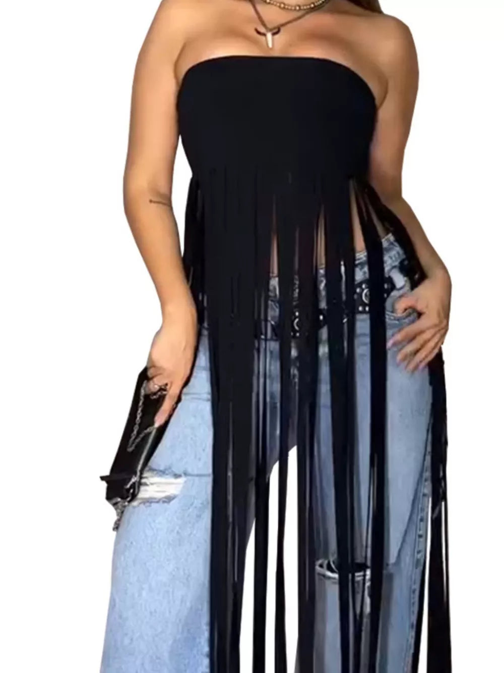 Black bohemian tube top with long fringe trim, styled with ripped jeans.