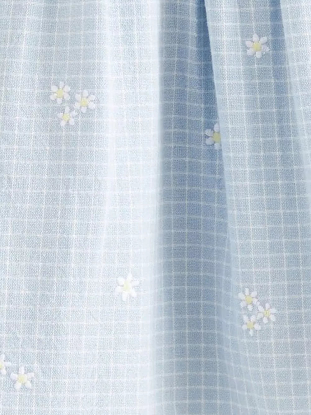 Baby dress in light blue gingham with embroidered white daisies and cap sleeves.