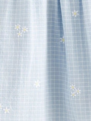 Baby dress in light blue gingham with embroidered white daisies and cap sleeves.