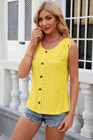 Yellow eyelet tank top with tie shoulders and button front
