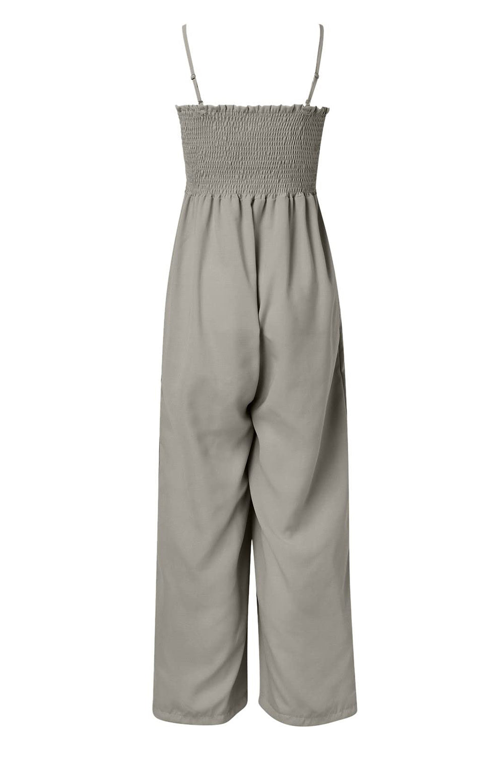 Gray smocked bodice palazzo jumpsuit with adjustable spaghetti straps and wide legs.