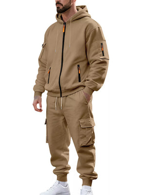 Men's Plus Size Casual Zip-up Hoodie And Cargo Pants Set in Dark Gray, close-up detail