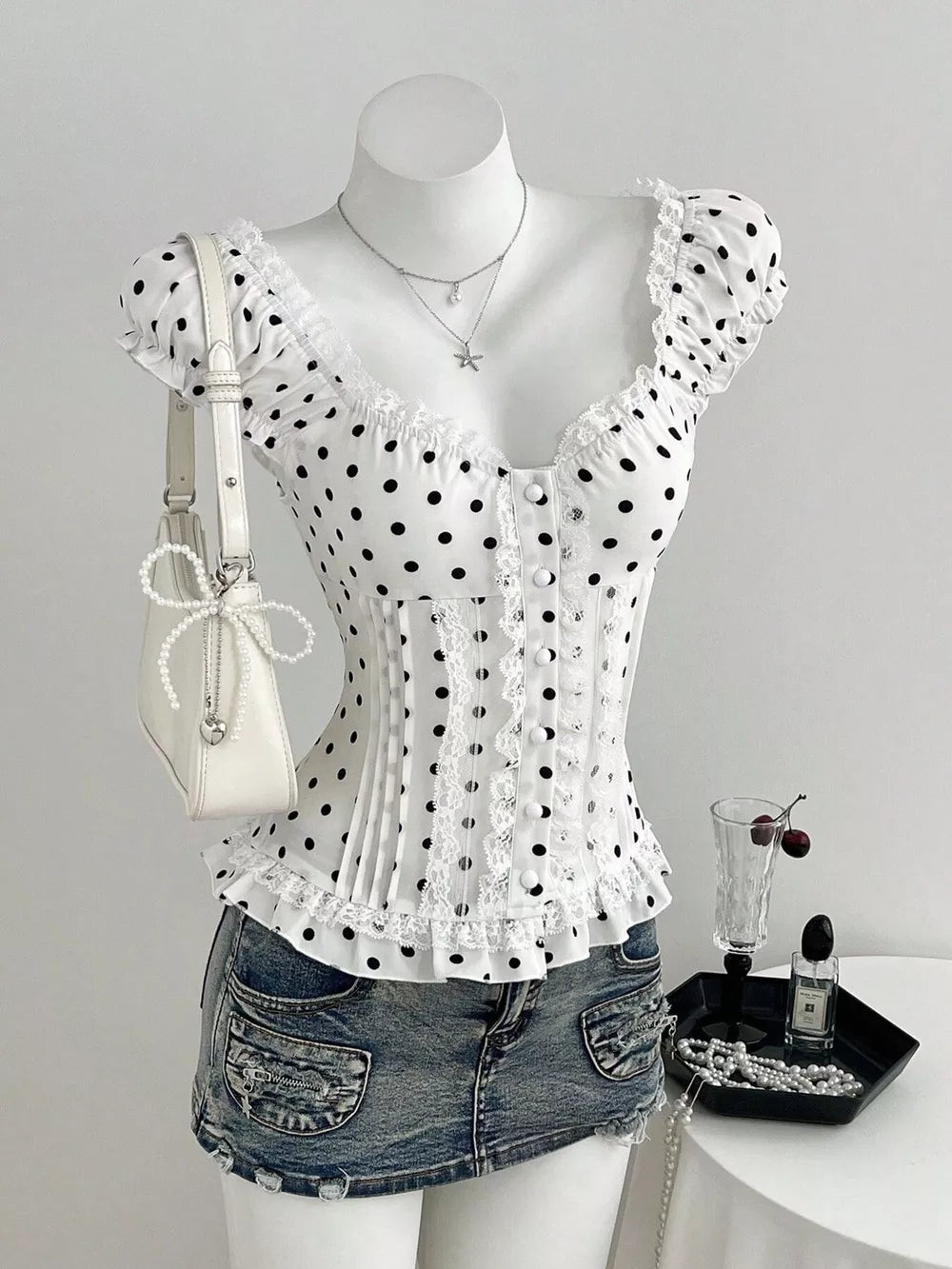 Polka Dot Lace Trim Cap Sleeve Blouse, front view