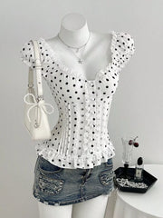Polka Dot Lace Trim Cap Sleeve Blouse, front view