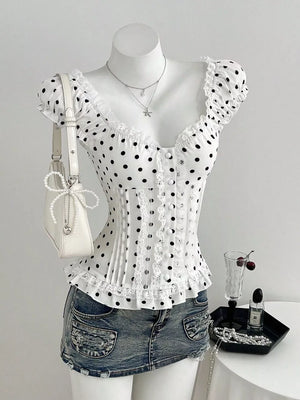Polka Dot Lace Trim Cap Sleeve Blouse, front view