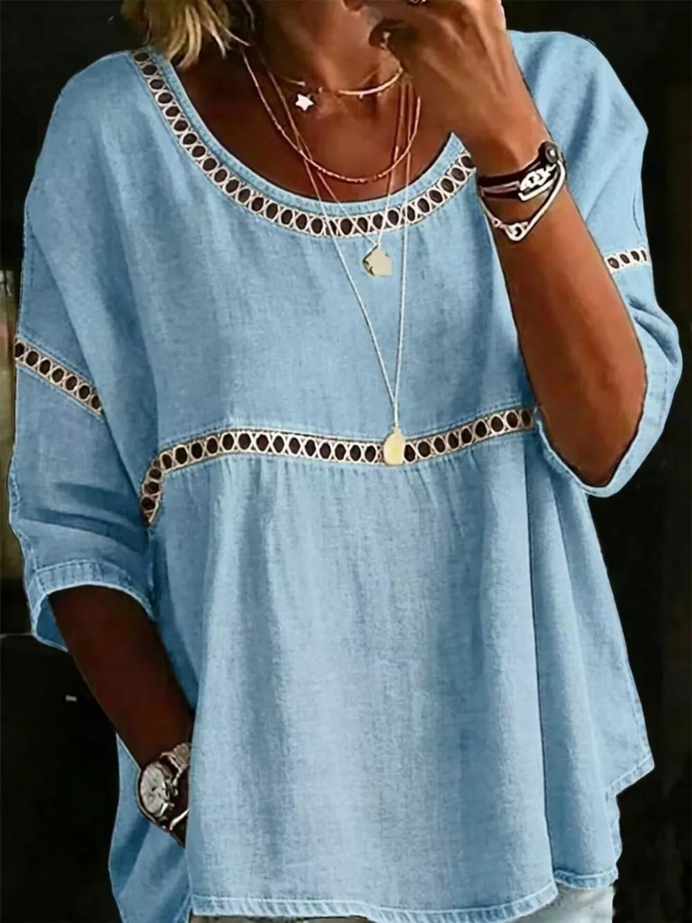 Sky blue maternity t-shirt with openwork trim at neckline and sleeves