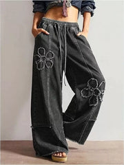 Distressed Floral Appliqué Wide-leg Jeans