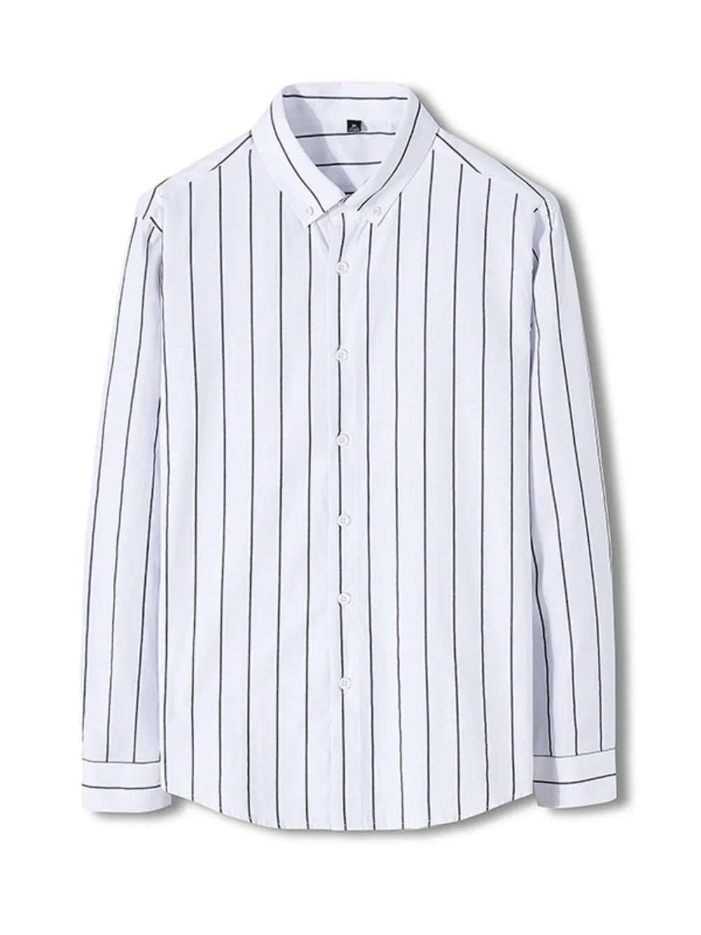 White cotton blend long sleeve button-down shirt with black vertical stripes.
