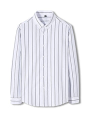 White cotton blend long sleeve button-down shirt with black vertical stripes.