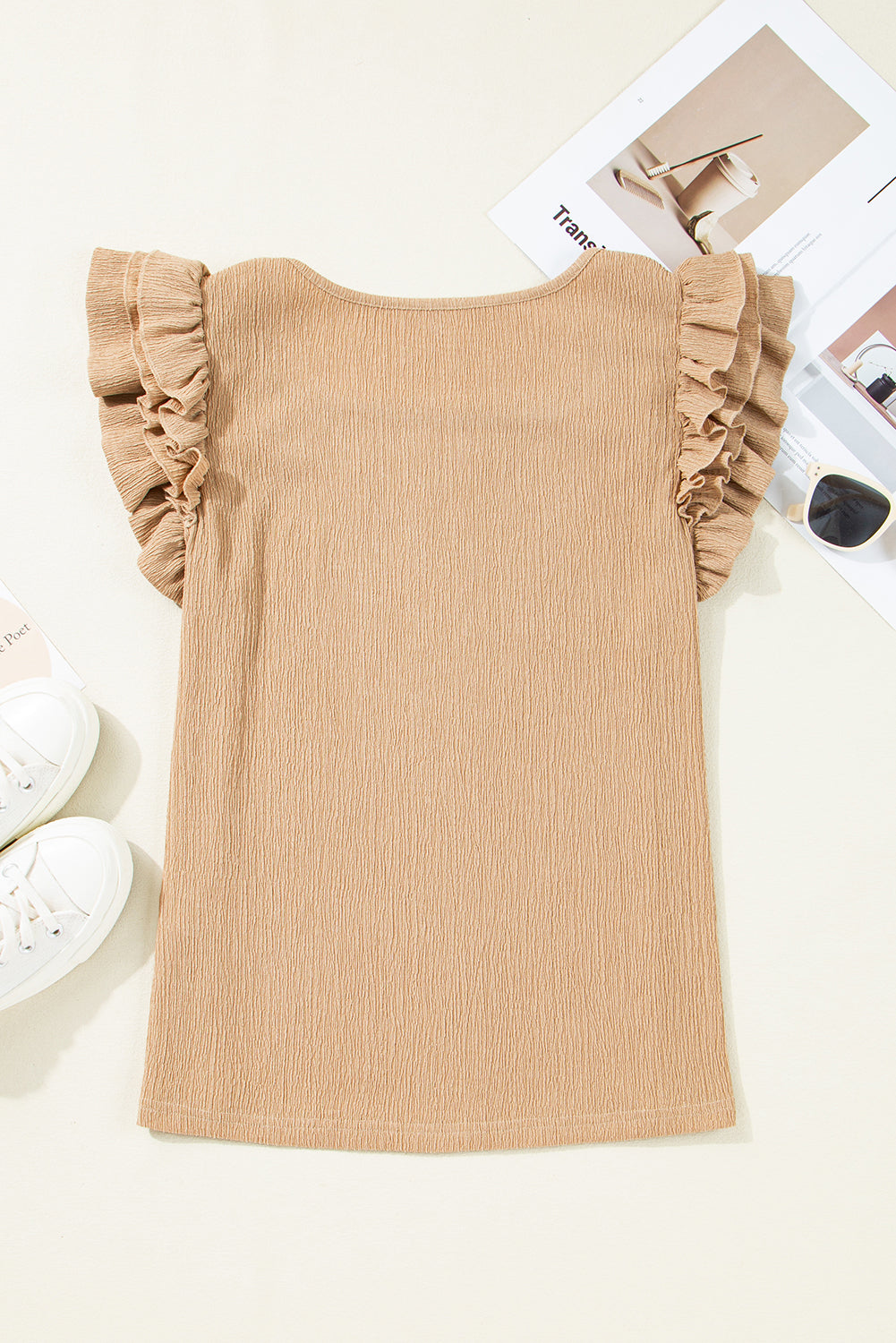 Tan textured square neck top with ruffled cap sleeves