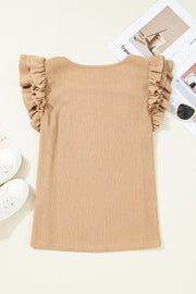 Tan textured square neck top with ruffled cap sleeves