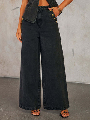 Dark denim peplum vest and palazzo pants set with gold button details.