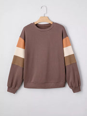 Color Block Drop Shoulder Pullover Sweatshirt in Coffee Brown, fabric detail