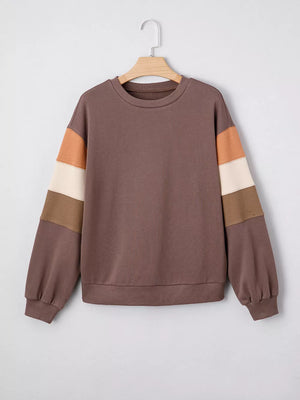 Color Block Drop Shoulder Pullover Sweatshirt in Coffee Brown, fabric detail