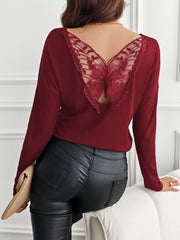Burgundy ribbed knit top with lace butterfly back detail