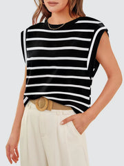 Black and white striped tank top with padded shoulders and a crew neck.