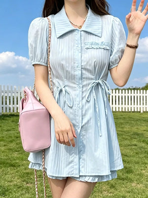 Light blue ruffled button-down two-piece set with adjustable ties and puff sleeves