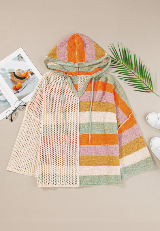 Colorblock knit hoodie with open knit and striped panels, drawstring hood, and V-neck.