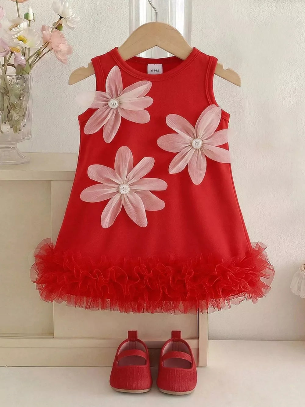 Children's Flower Sleeveless Round Neck Dress in Red, front view