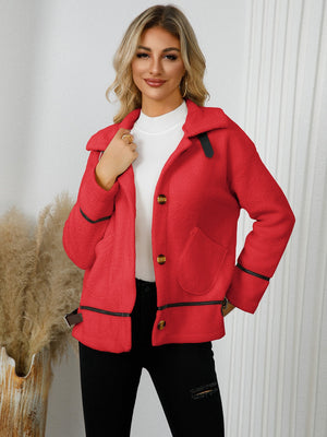 Deep Red teddy-textured jacket with leatherette trim and button closure.