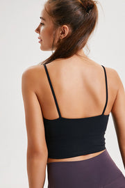 Black scoop neck crop tank top with thin spaghetti straps