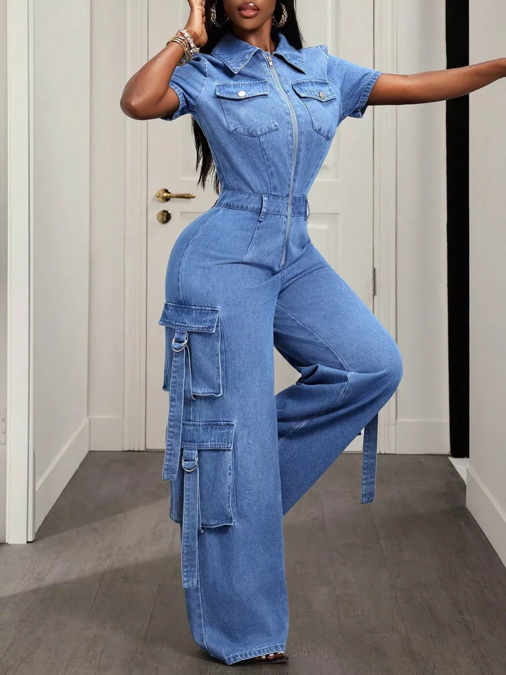 Zip Front Short Sleeve Denim Jumpsuit, close-up detail