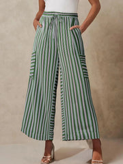 Moss green striped cargo culottes with drawstring waist and side pockets.