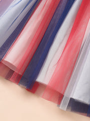 Baby tulle dress with red, white, and blue stripes, cotton blend fabric.