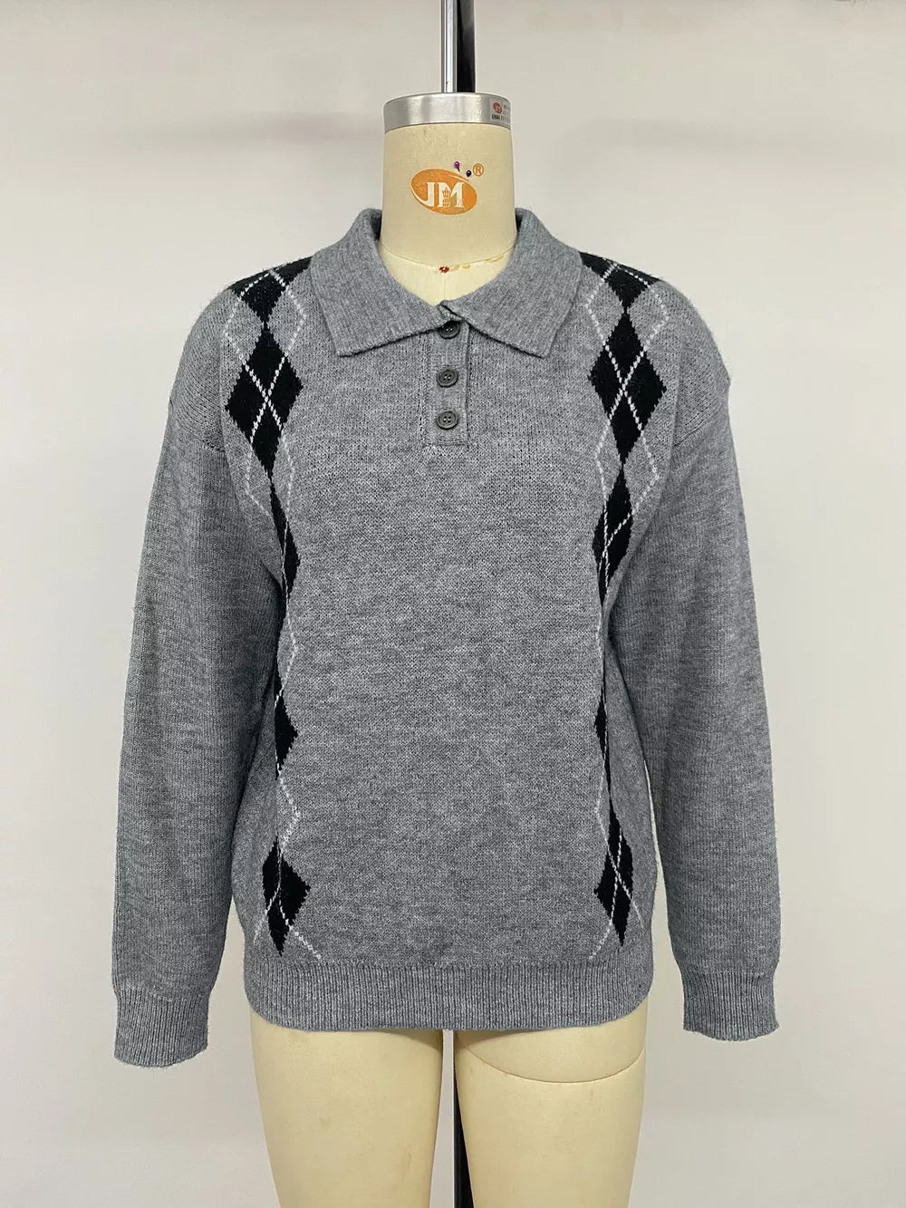 Argyle Patterned Polo Collar Sweater in Dark Gray, view 11