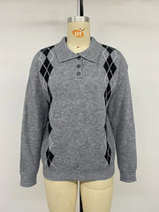 Argyle Patterned Polo Collar Sweater in Dark Gray, view 11