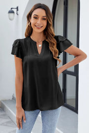 Black textured V-neck blouse with flutter sleeves and subtle pleating detail.