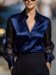 Elegant Shirt With Sheer Striped Sleeves in Scarlet, back view