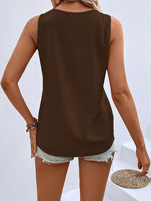 Brown textured sleeveless V-neck top with button front detail